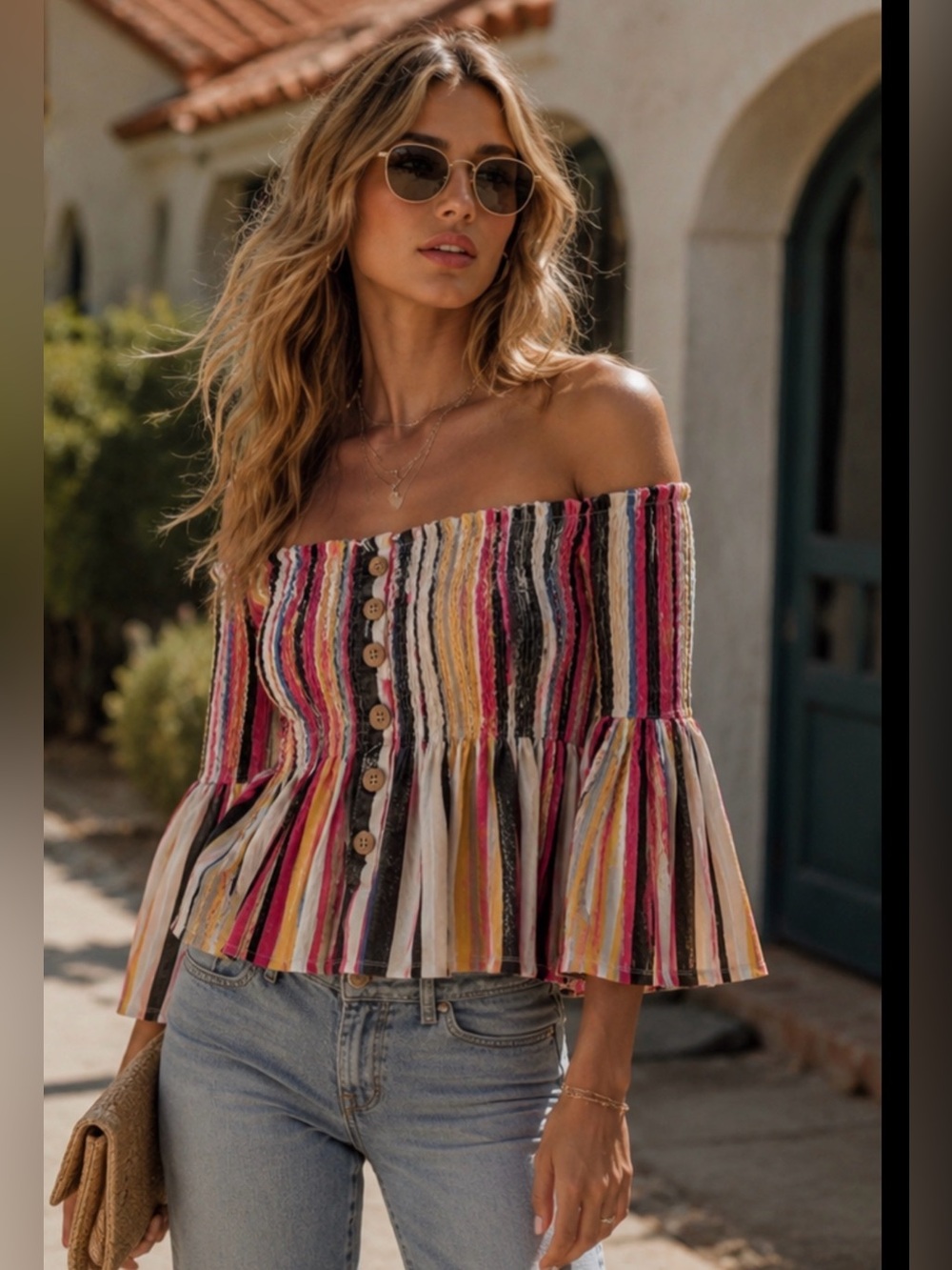 NWT Boutique Off-the-Shoulder Smocked Top | Multi-Color Stripe | Bell Sleeves